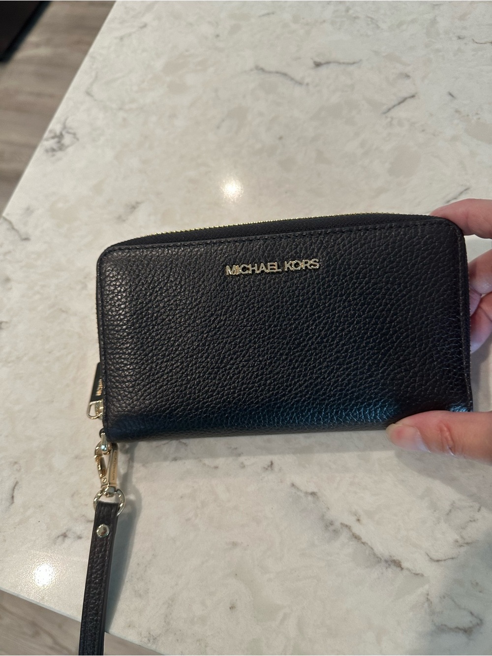 Michael Kors Black Pebbled Leather Phone Wallet Wristlet with Gold Hardware.